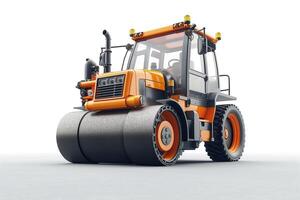 Heavy-duty road roller in bright orange and gray, designed for efficient asphalt compaction. photo