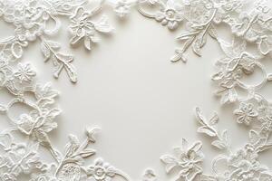Elegant white lace frame with intricate floral patterns on a soft background. photo
