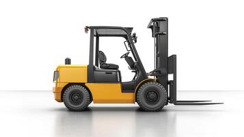 Yellow forklift in a side view, showcasing its robust design and functionality in an industrial setting. photo