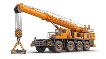 A powerful yellow construction crane on a white background, showcasing its robust build and intricate details. photo