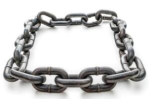 A close-up view of a heavy metal chain, highlighting its robust links and industrial design. photo