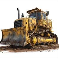 An industrial bulldozer in bright yellow, designed for heavy-duty earthmoving tasks, parked on a construction site with a rugged appearance. photo