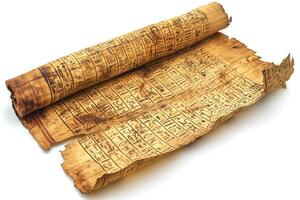 Ancient papyrus scroll with intricate hieroglyphics and aged parchment, showcasing the beauty of historical documentation. photo