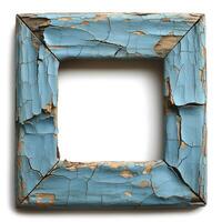 A weathered blue wooden frame with peeling paint, evoking a rustic, vintage feel. photo