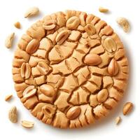 A delicious peanut butter cookie topped with roasted peanuts, showcasing a golden-brown, textured surface. photo