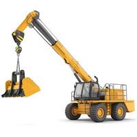 A detailed view of a yellow hydraulic excavator with a robust design, perfect for construction and heavy-duty tasks. photo