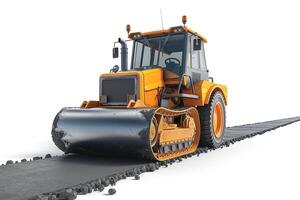A powerful construction roller in bright orange and black, compacting freshly laid asphalt on a clean, white background. photo