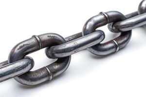 A close-up of a heavy metal chain link, showcasing its robust structure and glossy finish against a white background. photo
