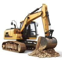 A vibrant yellow excavator digging into a pile of dirt on a construction site. photo