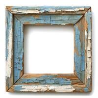 A rustic, weathered wooden frame with blue and white peeling paint, perfect for showcasing art or photos. photo