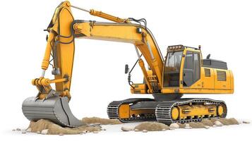 A bright yellow excavator digging into soft soil, showcasing its powerful machinery and robust design. photo