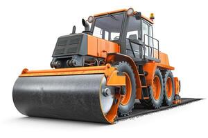 A powerful orange and black road roller, designed for efficient asphalt compaction on construction sites. photo