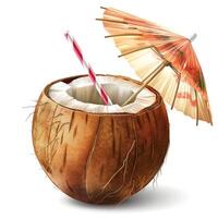 A refreshing coconut drink served with a straw and a colorful umbrella, perfect for tropical vibes. photo