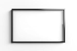 Empty black picture frame against a white wall, ready for artwork or photographs. photo
