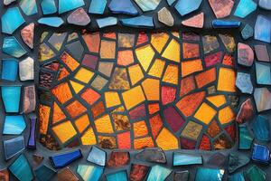 Colorful mosaic artwork showcases vibrant pieces in various shapes and textures, creating a stunning visual display. photo