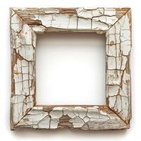 A rustic, weathered wooden picture frame with peeling white paint, perfect for displaying art or photography. photo