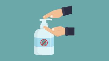 Hand pushing down on a pump bottle of hand sanitizer, suitable for hygiene, healthcare, clean hands, prevention, disinfection concepts. video