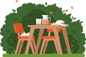 Outdoor table with chairs and a pitcher vector