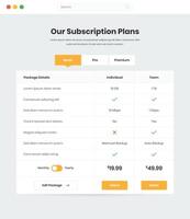 Subscription plans and pricing comparison web interface template design vector