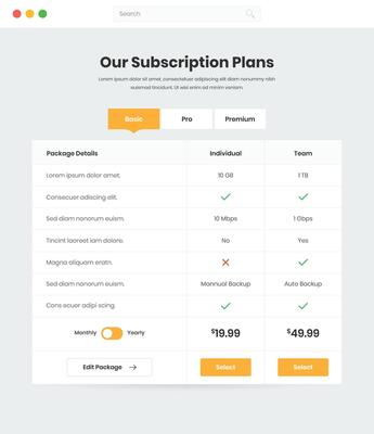 Subscription plans and pricing comparison web interface template design