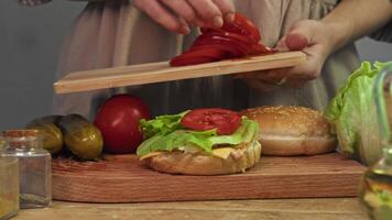 When making homemade burger according to traditional recipe, cook adds juicy red tomato, cut into thin slices, to vegetables and meat patty. video