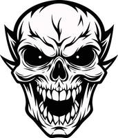 a black and white drawing of a skull with fangs vector