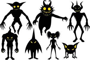 a collection of creepy monsters with yellow eyes vector