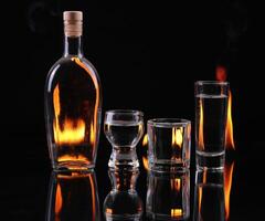 Stack of tequila on fire over black photo