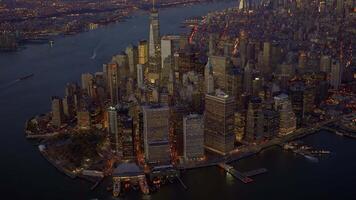 Aerial shot of lower manhattan skyline buildings in new york city at night video