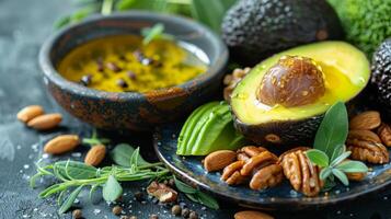 avocado and nuts, Healthy Lifestyle . Harvard Healthy Eating Plate with Omega . photo