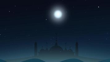 A mesmerizing full moon night with a mystical blue ambiance, casting a soft glow on the mosque silhouette, evoking a sense of serenity and devotion. video