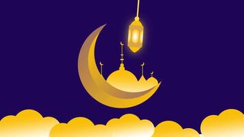 A glowing crescent moon resting on soft golden clouds with an illuminated lantern, creating a dreamy and spiritual Islamic night scene. video