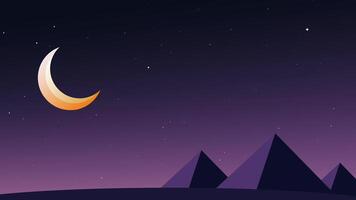 A breathtaking twilight scene featuring a crescent moon shining over distant pyramids, blending Islamic and Egyptian heritage with a spiritual atmosphere. video