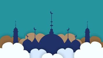 A scenic blue mosque skyline enveloped in soft clouds, creating a serene and peaceful Islamic-themed design for various artistic uses. video
