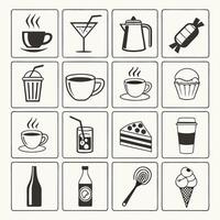 a set of black and white icons depicting various drinks and food vector