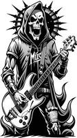 a black and white illustration of a skeleton with a guitar vector
