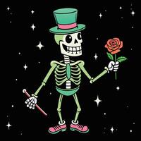 skeleton with hat and rose in hand vector