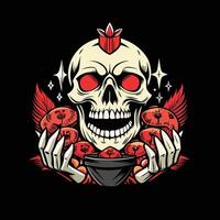 skull with red eyes and red hands holding a bowl of cookies vector