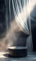 Elegant marble podium with draped fabric backdrop for product showcase or presentation photo