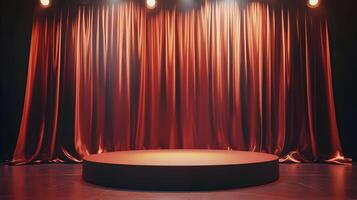Elegant stage with red curtains and platform, illuminated by spotlights for presentations photo