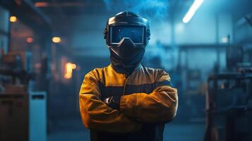A Confident Welder Stands Ready in a Factory Setting with Advanced Protective Gear photo