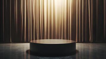 Elegant product display stage with gold curtain and subtle lighting rendering showcase photo