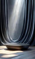 Elegant product display with textured curtain backdrop and soft lighting for presentations photo