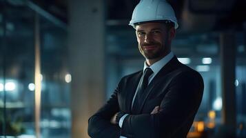 Portrait of Confident Architect or Engineer in Hard Hat with Arms Crossed at Construction Site photo