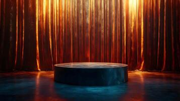 Elegant stage backdrop featuring draped curtains and a circular platform for product displays photo