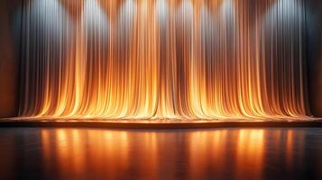 Elegant golden waterfall curtain under spotlights on reflective stage texture photo