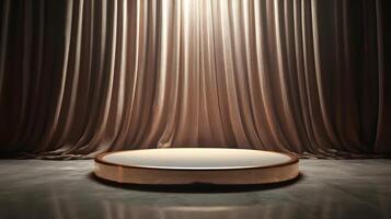 Elegant Stage with Flowing Curtains and Illuminated Platform for Showcase Design photo