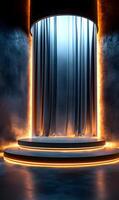 Captivating stage with silky curtains and vibrant illumination for a modern presentation photo