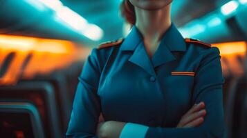 Professional flight attendant in uniform standing inside modern airplane interior photo