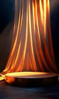Elegant golden stage with draping curtains creating a luxurious presentation backdrop photo